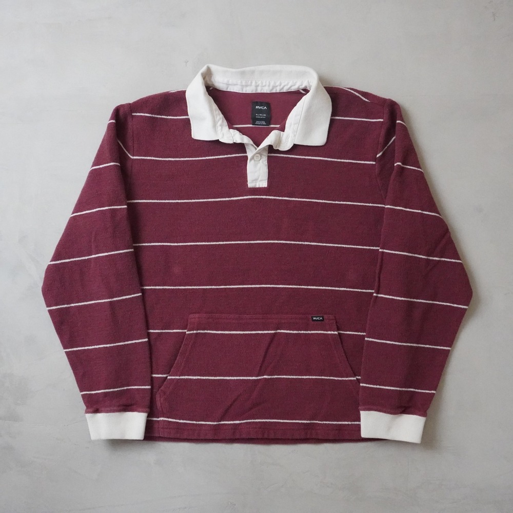 RVCA Rugby Shirt XL Mens Burgundy Maroon Striped Long Sleeve Pocket Regular Y2K